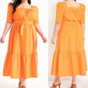 $139 Eloquii 16 Belt Midi Dress With Belt Poplin Puff Sleeves Square Neck Neon
